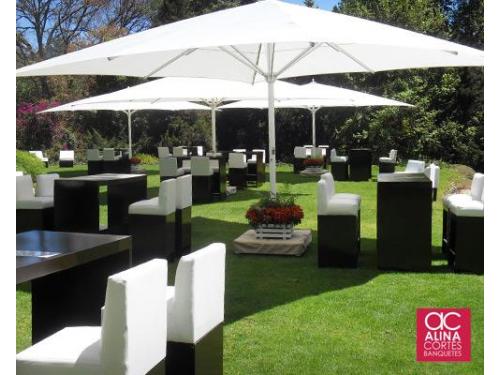 Montaje lounge con sombrillas en el jardín