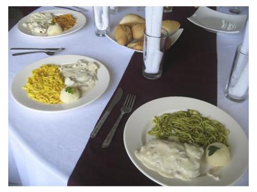 Perna en gravy de champiñones con espagueti en chile poblano, chile morrón y chile chipotle