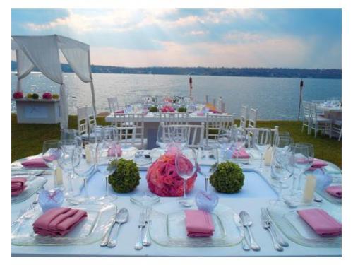 Montaje blanco con centro de mesa y detalles rosas