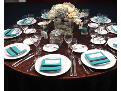 Montaje café con detalles azul turquesa