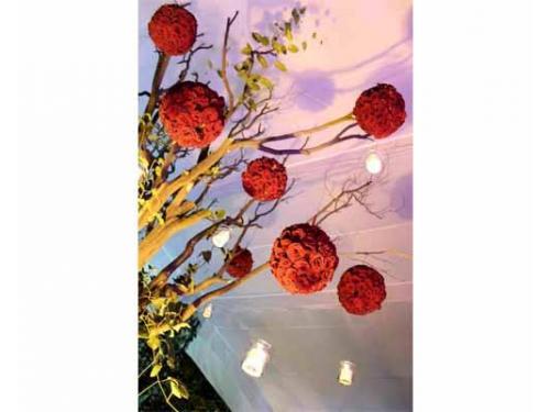 Esferas de rosas rojas con velas