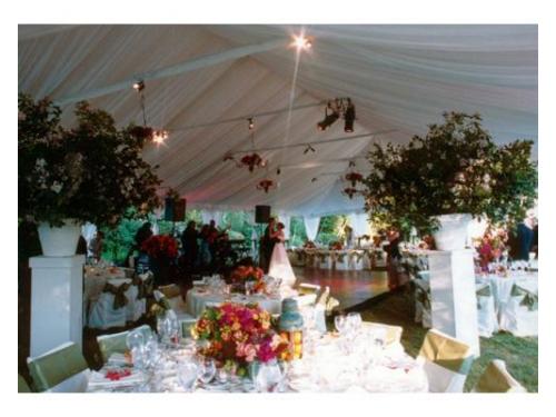 Carpa y montaje de mesas con flores