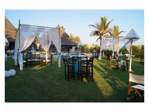 Montaje con periqueras en el jardín del hotel