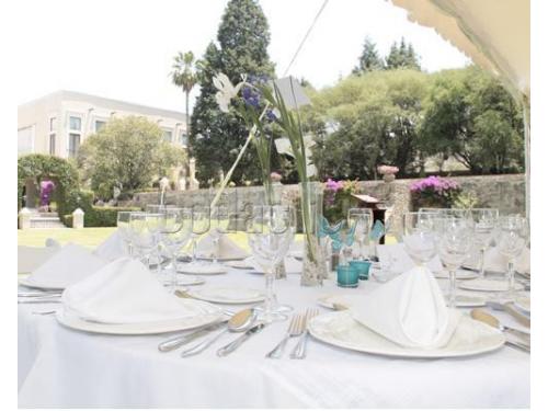 Banquete de bodas todo en blanco con detalles azules